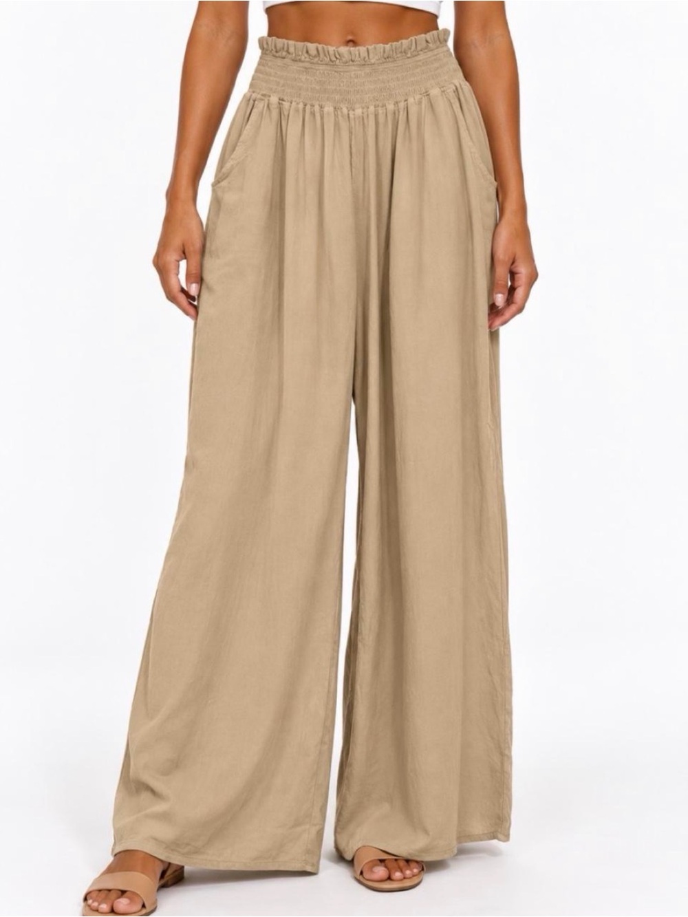 SeaSpice Resort Wear Beige Smocked Wide Leg Pants | Large